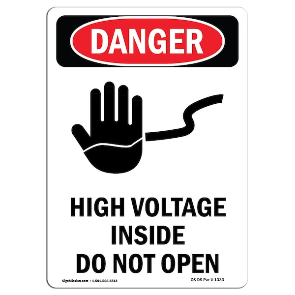Safety Sign, OSHA Danger, 5" Height, High Voltage Inside, Portrait, 10PK